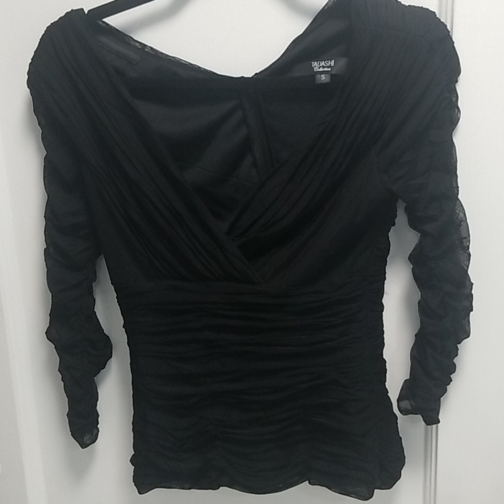 TADASHI Black Surplice Top with Sheer Sleeves